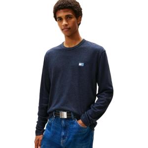 Tommy Jeans Mens Long Sleeve Solid Cotton Graphic T-Shirts with Tonal Flag Logo(Dark Night Navy Heather)