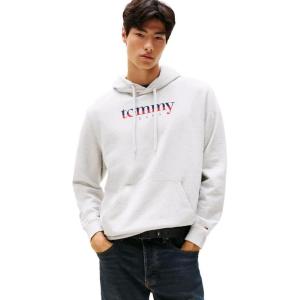 Tommy Jeans Men’s Medium Weight Hoodie Sweatshirt with Printed Two-Tone Logo(Light Grey Heather)