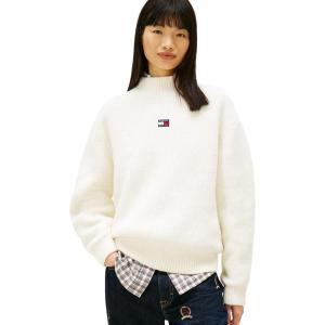 Tommy Jeans Womens Medium Weight Wool Blend Mock Neck Sweater with Embroidered Logo(Ancient White)