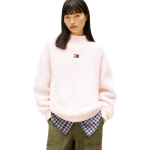 Tommy Jeans Womens Medium Weight Wool Blend Mock Neck Sweater with Embroidered Logo(Light Pink)