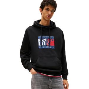 Tommy Jeans mens Medium Weight Hoodie Sweatshirt With Printed Flag Logo(Black)
