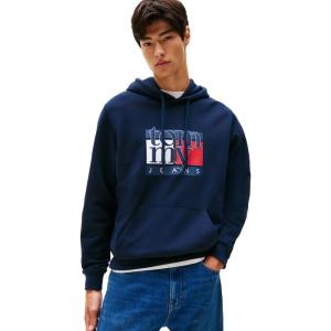Tommy Jeans mens Medium Weight Hoodie Sweatshirt With Printed Flag Logo(Dark Night Navy)