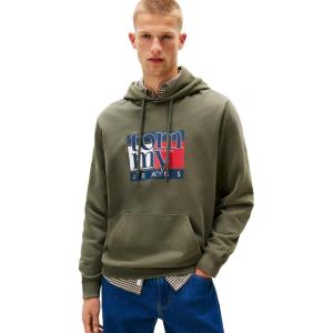 Tommy Jeans mens Medium Weight Hoodie Sweatshirt With Printed Flag Logo(Pewter Green)