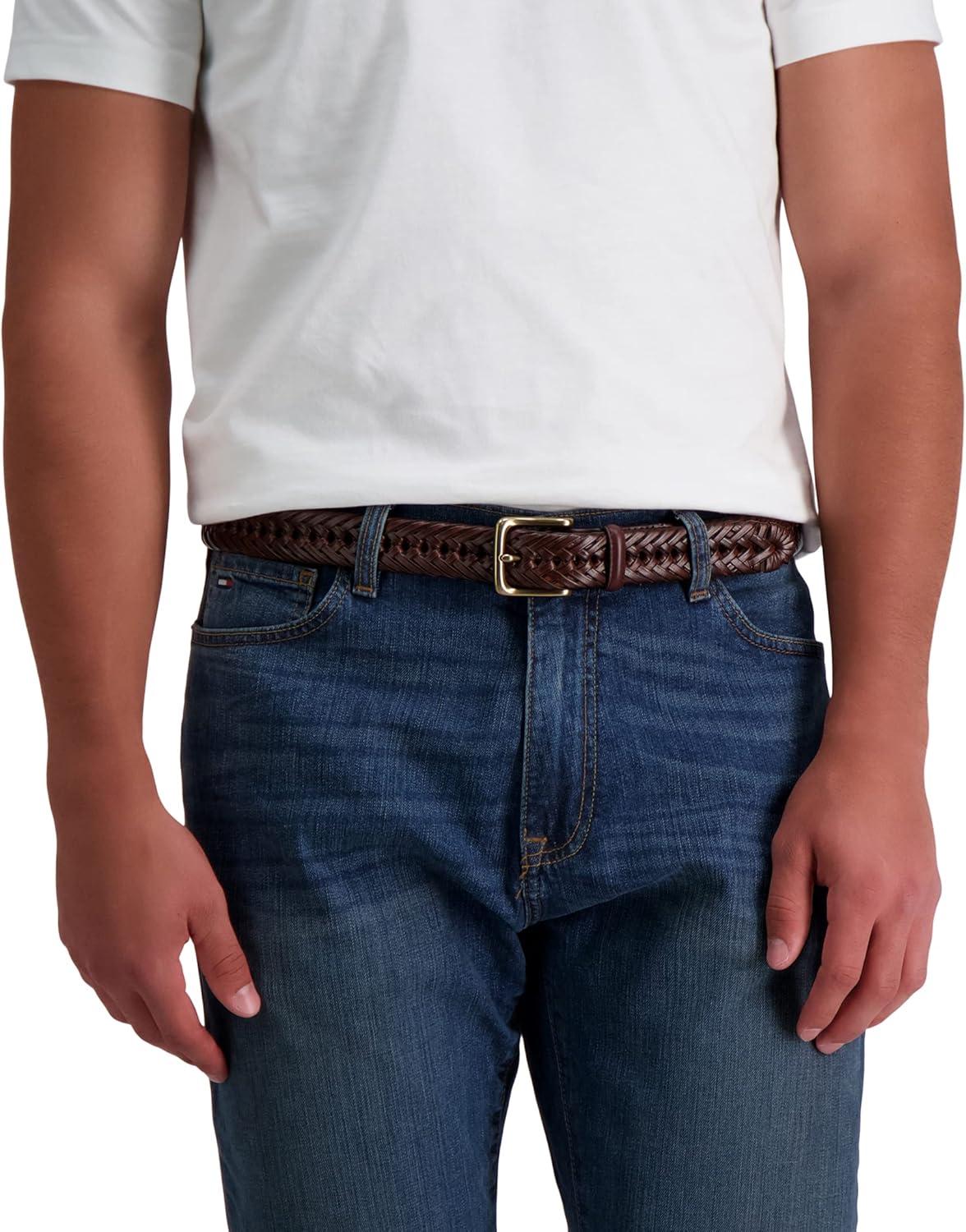 imageTommy Hilfiger Mens Fully Adjustable Leather Braided Belt for Jeans Khakis or Dress PantsTan