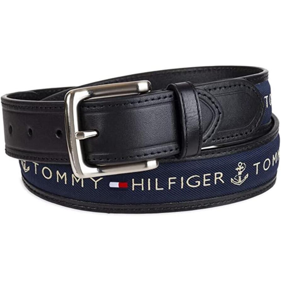imageTommy Hilfiger mens Fabric Inlay Casual Belt With Classic Harness BuckleBlackNavy