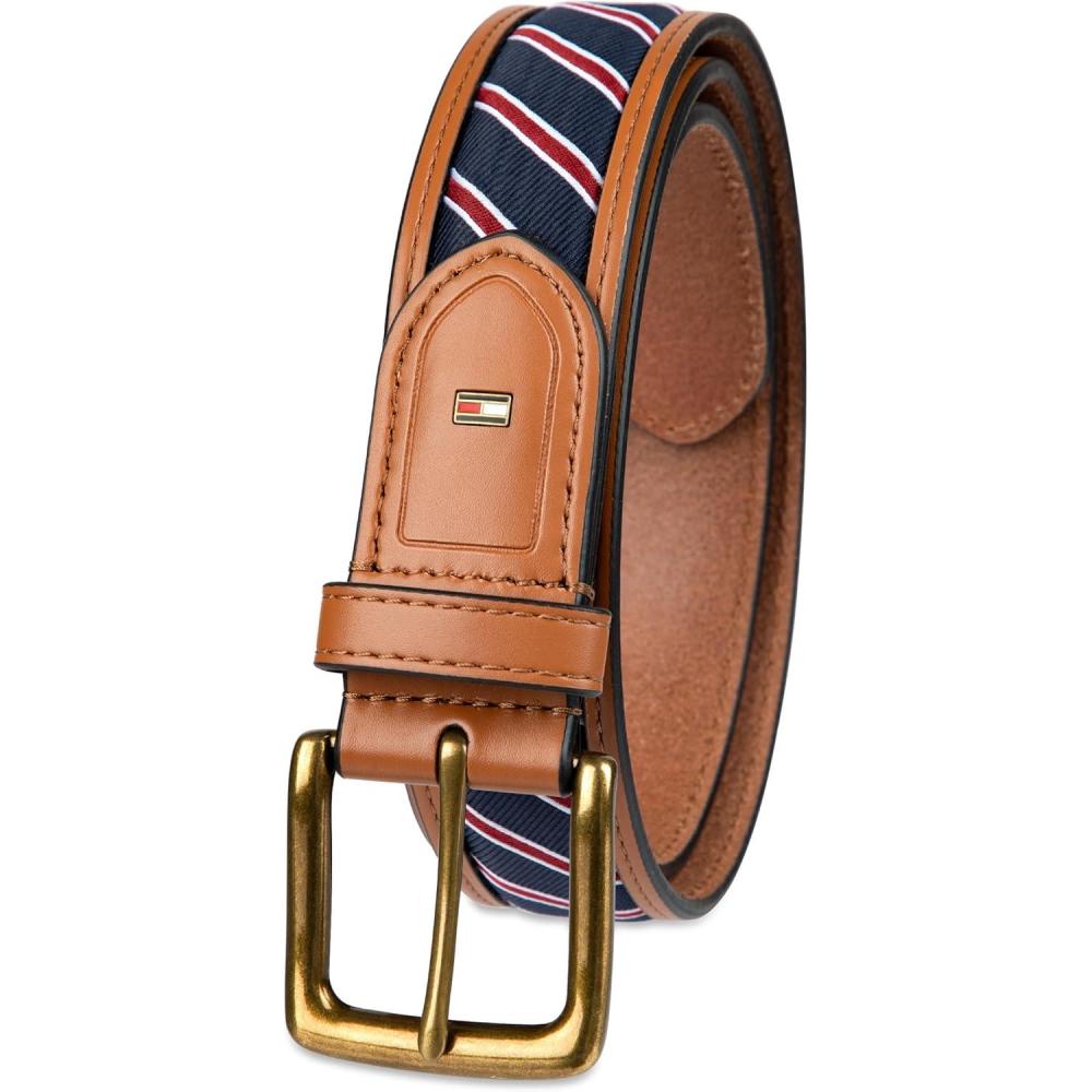 imageTommy Hilfiger mens Fabric Inlay Casual Belt With Classic Harness BuckleTan Stripe