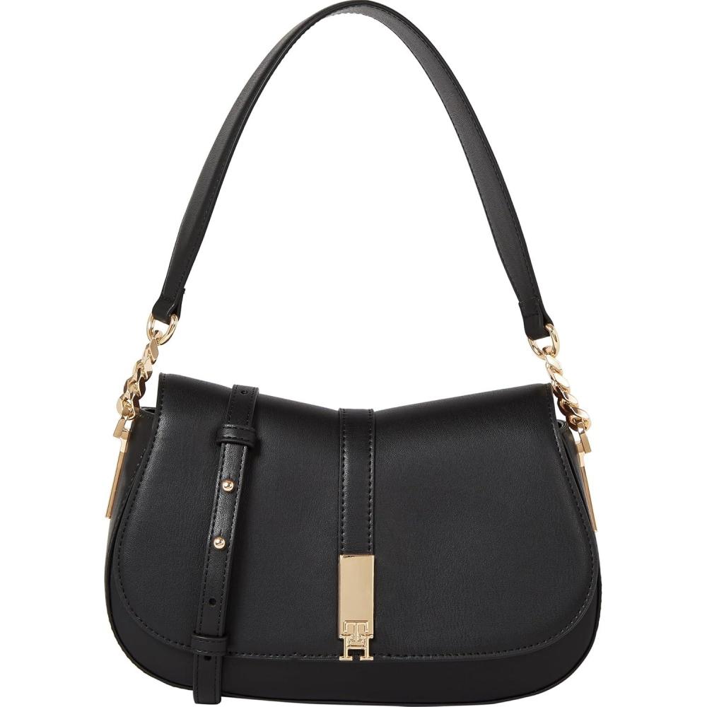 imageTommy Hilfiger womens Leather Saddle Shoulder Bag With Removable Crossbody StrapBlack