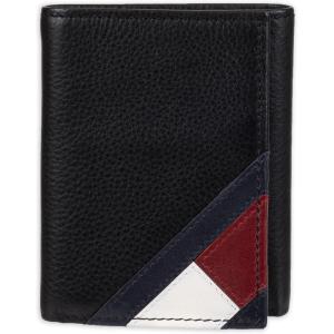 Tommy Hilfiger Men’s Trifold Wallet(Black Stitched Flag)