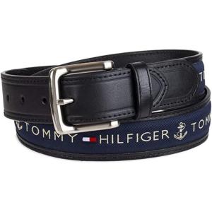 Tommy Hilfiger mens Fabric Inlay Casual Belt With Classic Harness Buckle(Black/Navy)
