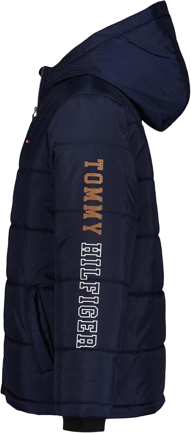 imageTommy Hilfiger Boys Heavyweight Hooded Polar Fleece Lined Puffer JacketSleeve Logo Navy Blazer