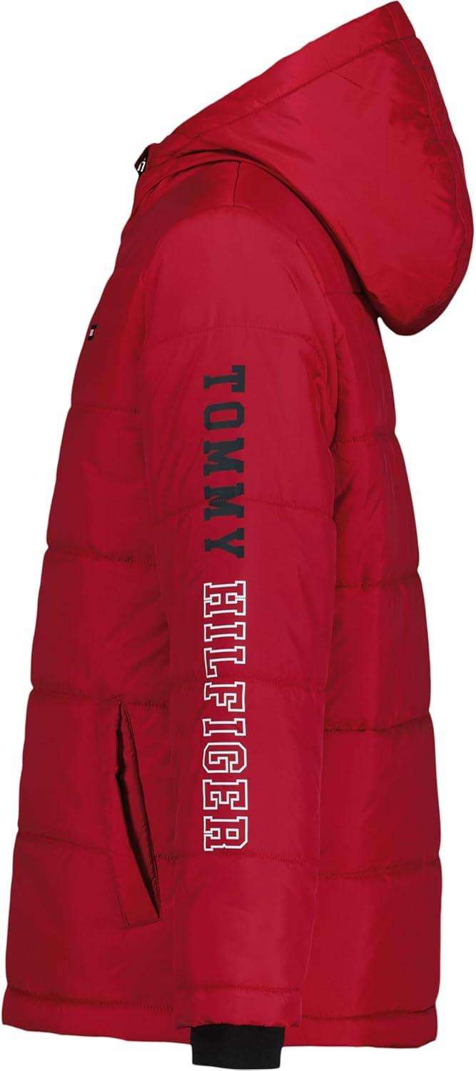 imageTommy Hilfiger Boys Heavyweight Hooded Polar Fleece Lined Puffer JacketSleeve Logo Scooter Red