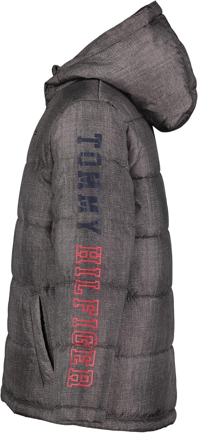 imageTommy Hilfiger Boys Heavyweight Hooded Polar Fleece Lined Puffer JacketSteel Grey Sleeve Logo