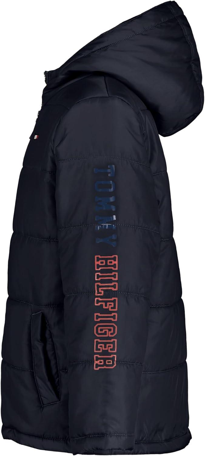 imageTommy Hilfiger Boys Heavyweight Hooded Polar Fleece Lined Puffer JacketTh Sleeve Navy Blazer