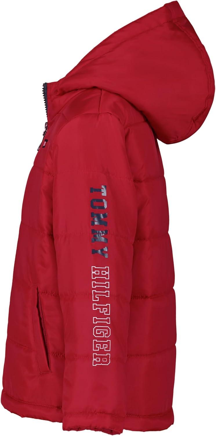 imageTommy Hilfiger Boys Heavyweight Hooded Polar Fleece Lined Puffer JacketTh Sleeve Scooter Red