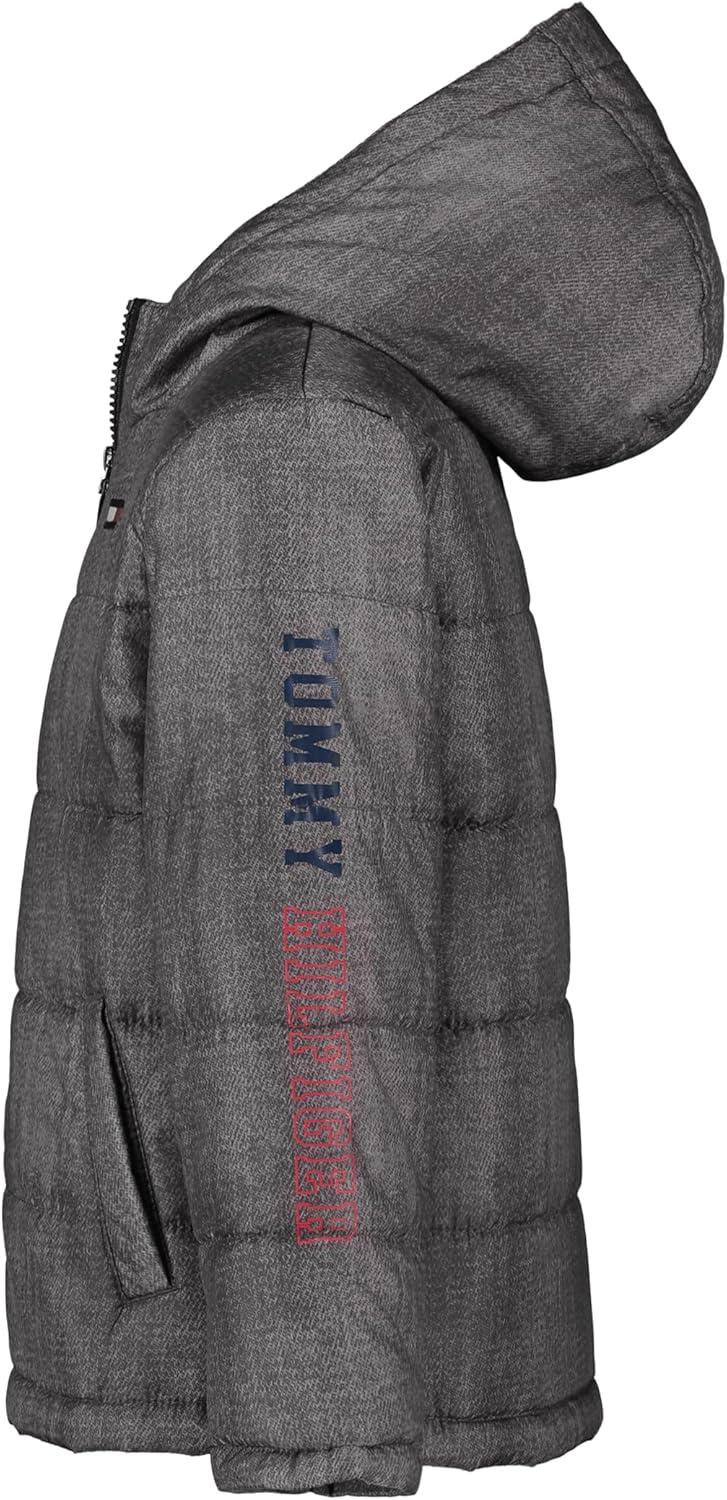 imageTommy Hilfiger Boys Heavyweight Hooded Polar Fleece Lined Puffer JacketTh Sleeve Steel Grey