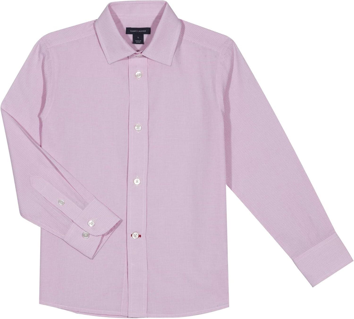 imageTommy Hilfiger Boys Long Sleeve Dress Shirt Collared ButtonDown with Cuff Sleeves GinghamLight Pink
