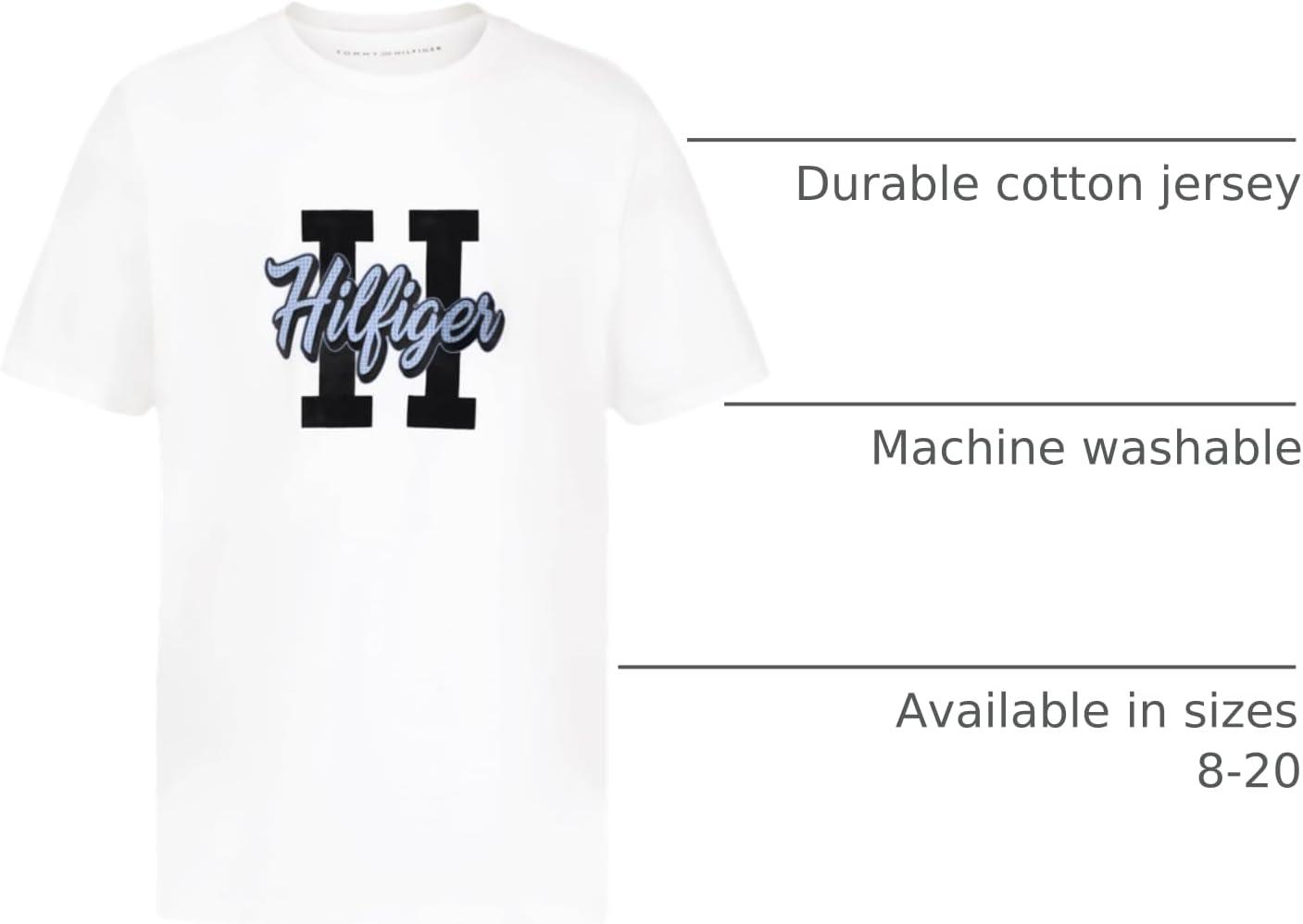 imageTommy Hilfiger Boys Short Sleeve Graphic Crew Neck TShirt Soft Comfortable Relaxed FitHilfiger H Fresh White