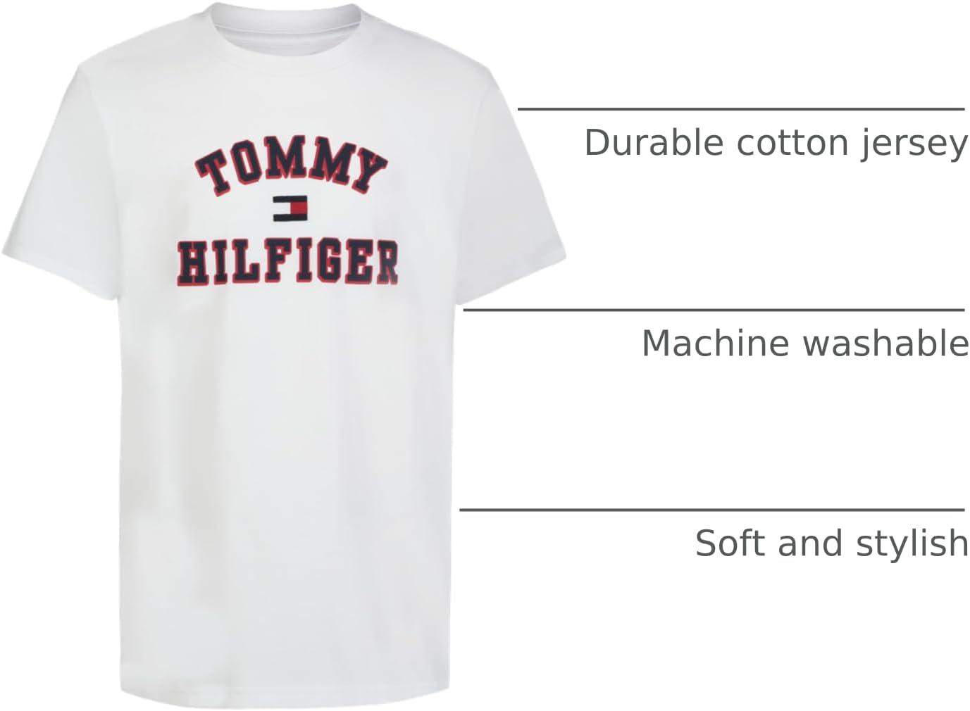 imageTommy Hilfiger Boys Short Sleeve Graphic Crew Neck TShirt Soft Comfortable Relaxed FitOld Varsity Bright White