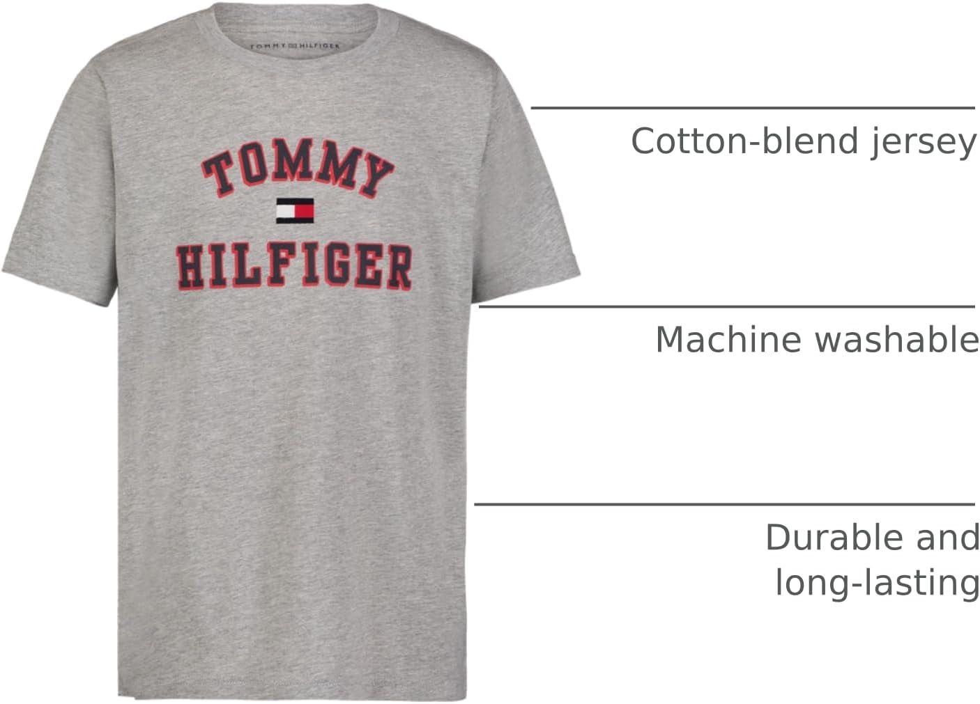 imageTommy Hilfiger Boys Short Sleeve Graphic Crew Neck TShirt Soft Comfortable Relaxed FitOld Varsity Grey Heather