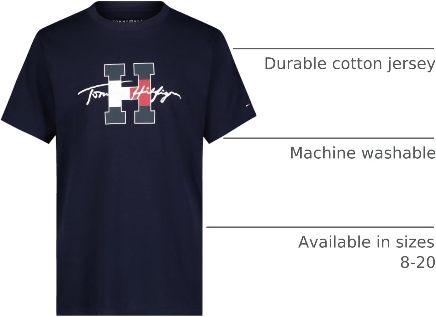 imageTommy Hilfiger Boys Short Sleeve Graphic Crew Neck TShirt Soft Comfortable Relaxed FitScript H Navy Blazer