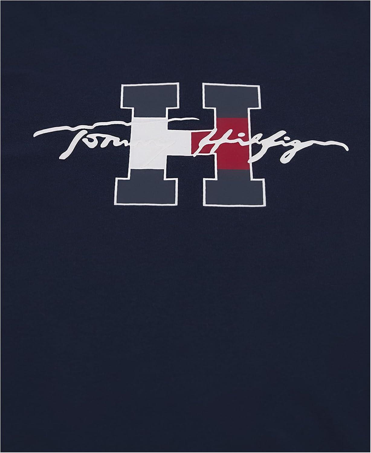 imageTommy Hilfiger Boys Short Sleeve Graphic Crew Neck TShirt Soft Comfortable Relaxed FitScript H Navy Blazer