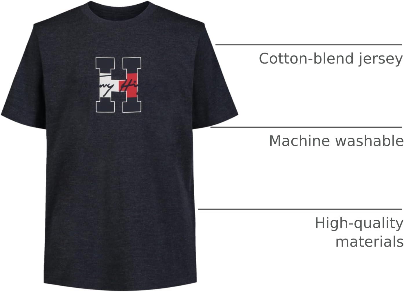 imageTommy Hilfiger Boys Short Sleeve Graphic Crew Neck TShirt Soft Comfortable Relaxed FitScript H Navy Heather