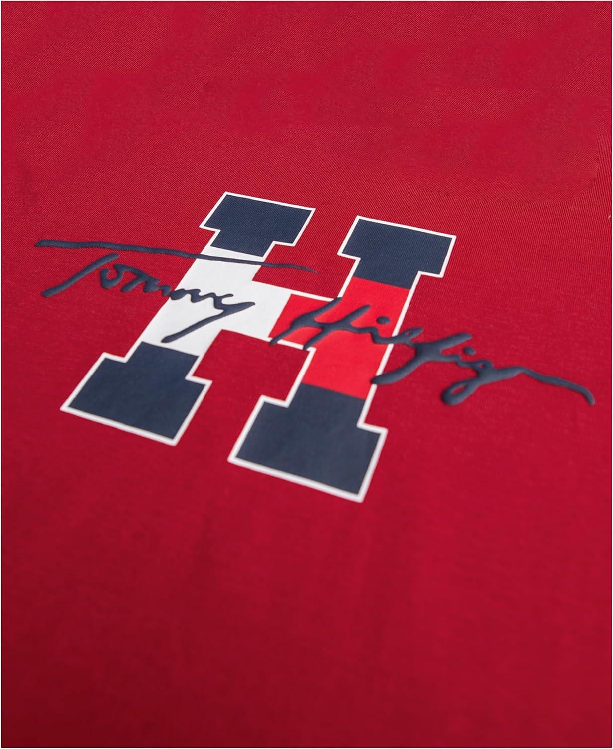 imageTommy Hilfiger Boys Short Sleeve Graphic Crew Neck TShirt Soft Comfortable Relaxed FitScript H Scooter Red