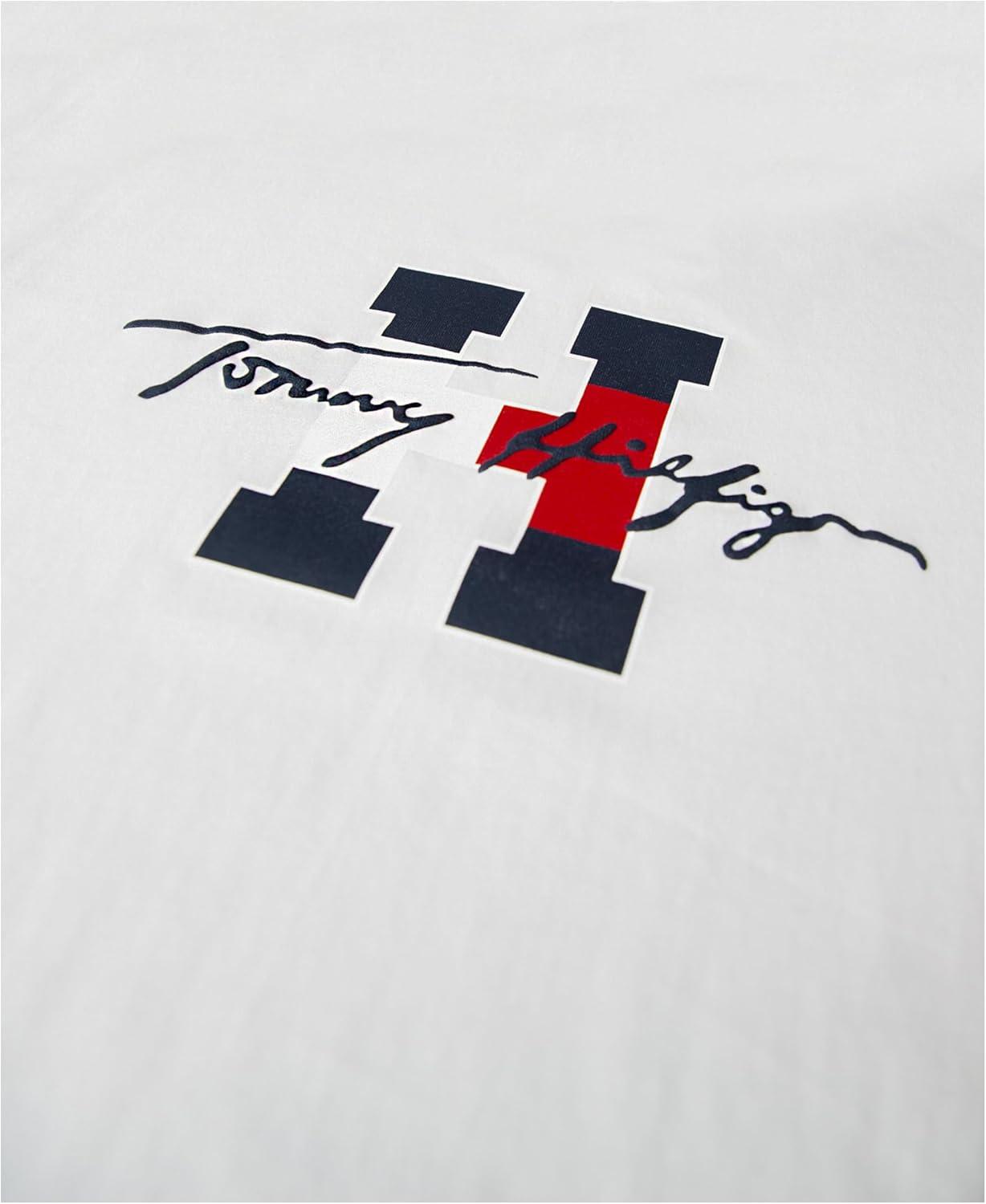imageTommy Hilfiger Boys Short Sleeve Graphic Crew Neck TShirt Soft Comfortable Relaxed FitScript H Snow White
