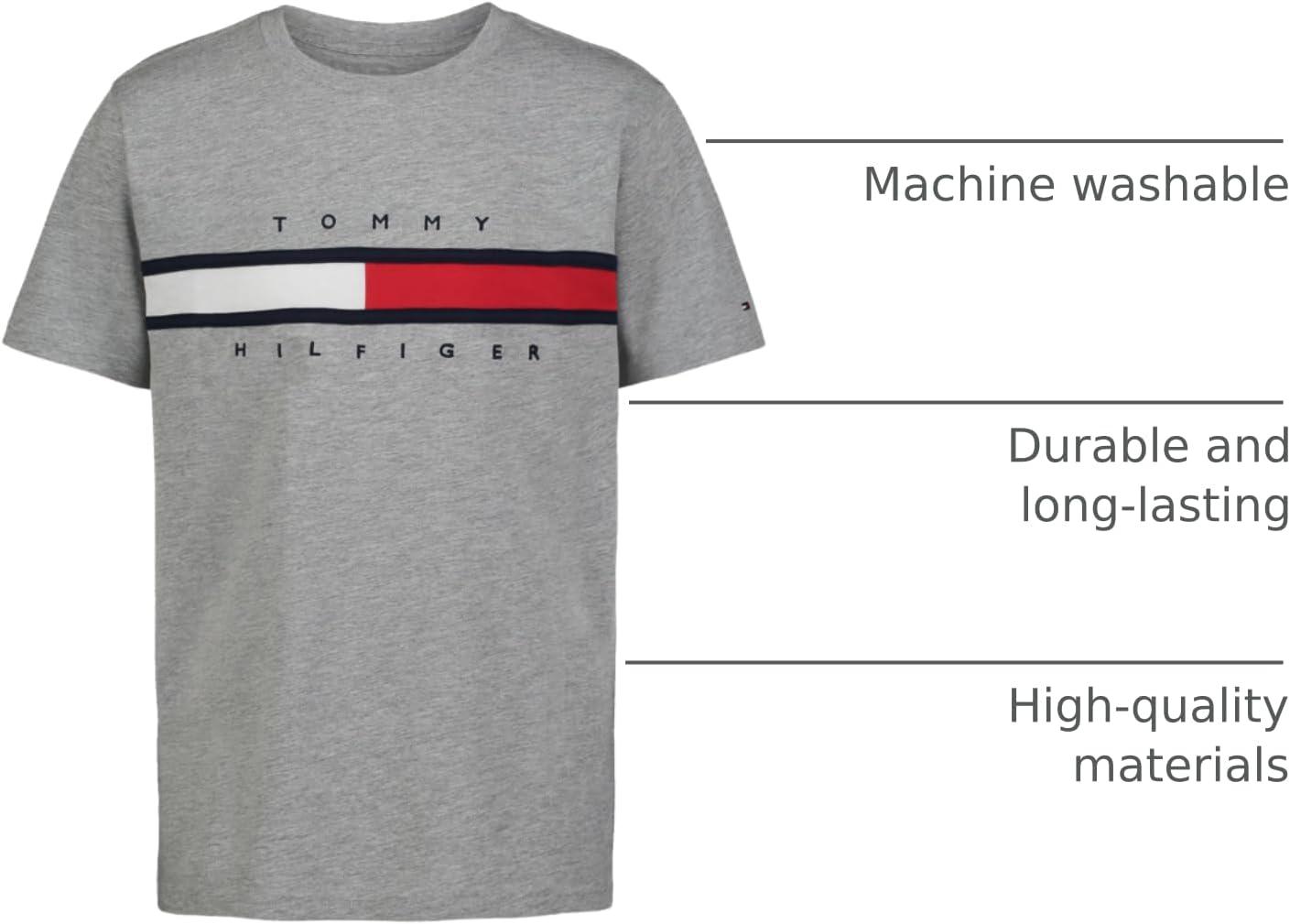 imageTommy Hilfiger Boys Short Sleeve Graphic Crew Neck TShirt Soft Comfortable Relaxed FitSignature Grey Heather