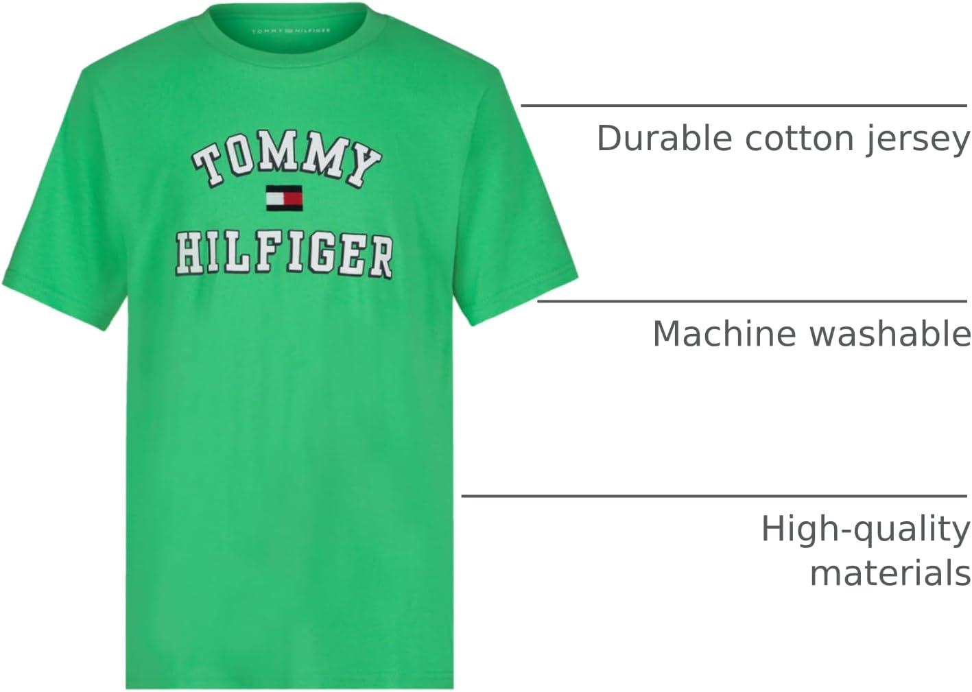imageTommy Hilfiger Boys Short Sleeve Graphic Crew Neck TShirt Soft Comfortable Relaxed FitVarsity Irish Green