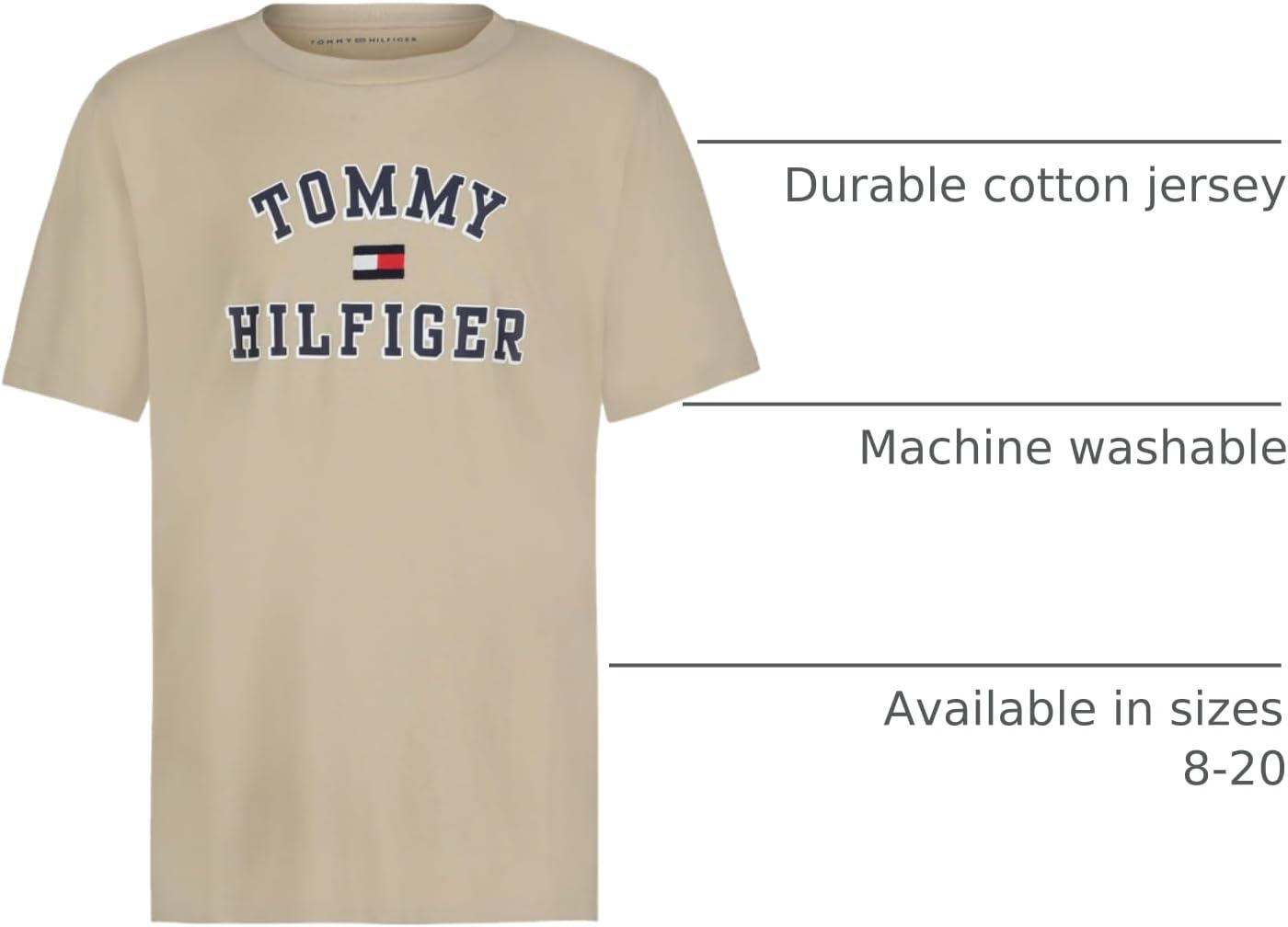 imageTommy Hilfiger Boys Short Sleeve Graphic Crew Neck TShirt Soft Comfortable Relaxed FitVarsity Sandalwood