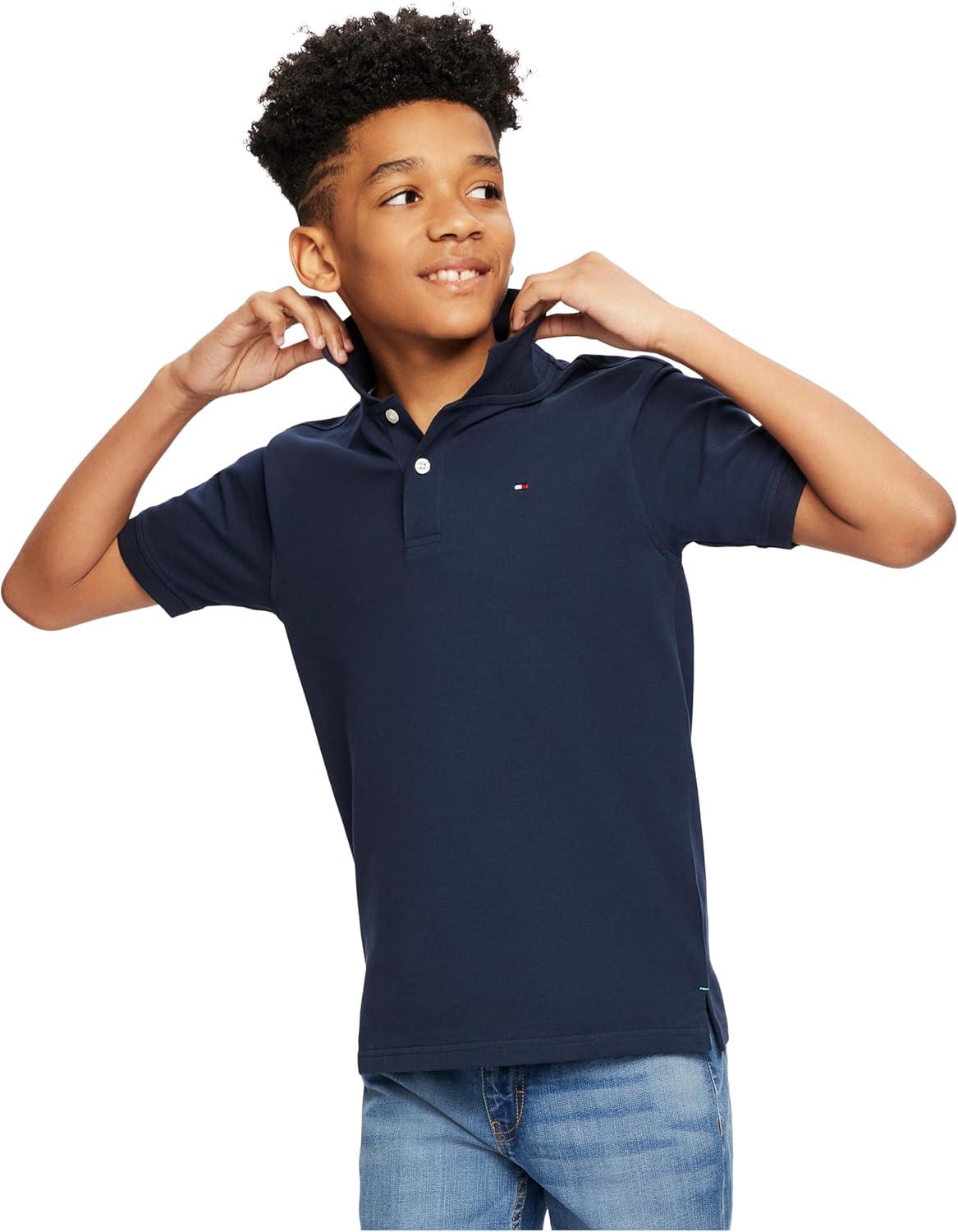 imageTommy Hilfiger Boys Short Sleeve Premium Pique Polo Shirt Button Closure Soft ampamp ComfortableIvy Stretch Master Navy