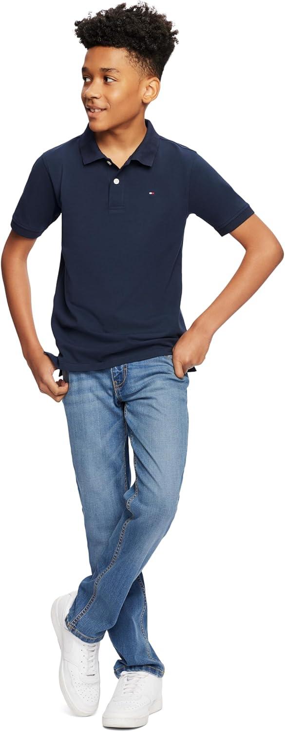 imageTommy Hilfiger Boys Short Sleeve Premium Pique Polo Shirt Button Closure Soft ampamp ComfortableIvy Stretch Master Navy