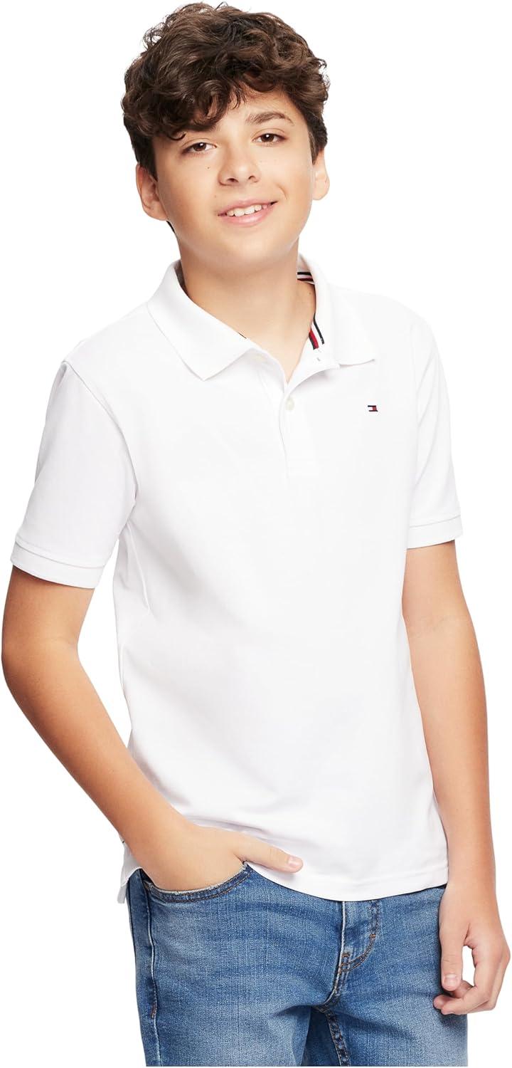 imageTommy Hilfiger Boys Short Sleeve Premium Pique Polo Shirt Button Closure Soft ampamp ComfortableIvy Stretch White