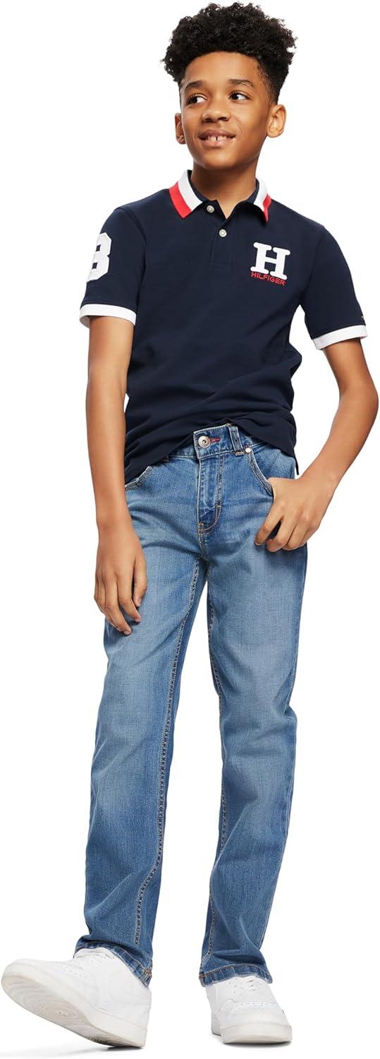 imageTommy Hilfiger Boys Short Sleeve Premium Pique Polo Shirt Button Closure Soft ampamp ComfortableMast Navy