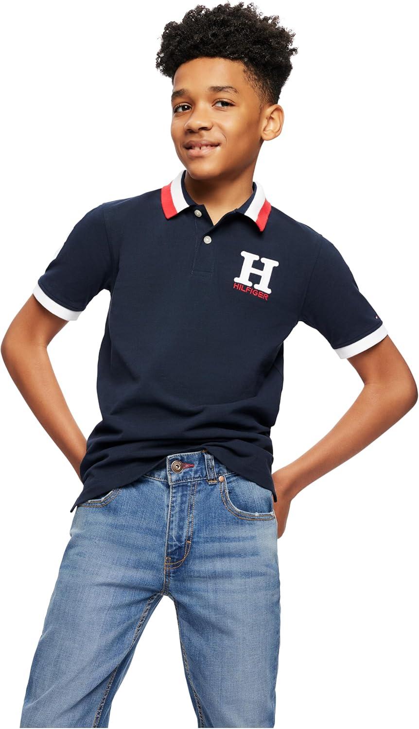 imageTommy Hilfiger Boys Short Sleeve Premium Pique Polo Shirt Button Closure Soft ampamp ComfortableMast Navy
