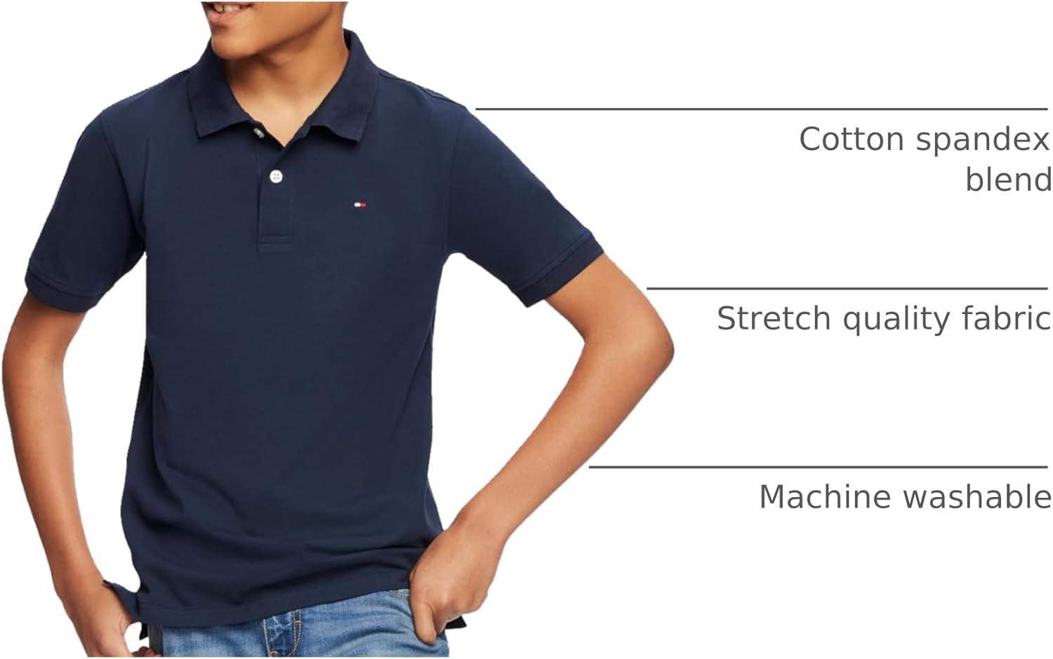imageTommy Hilfiger Boys Short Sleeve Premium Pique Polo Shirt Button Closure Soft ampamp ComfortableMaster Navy Stretch