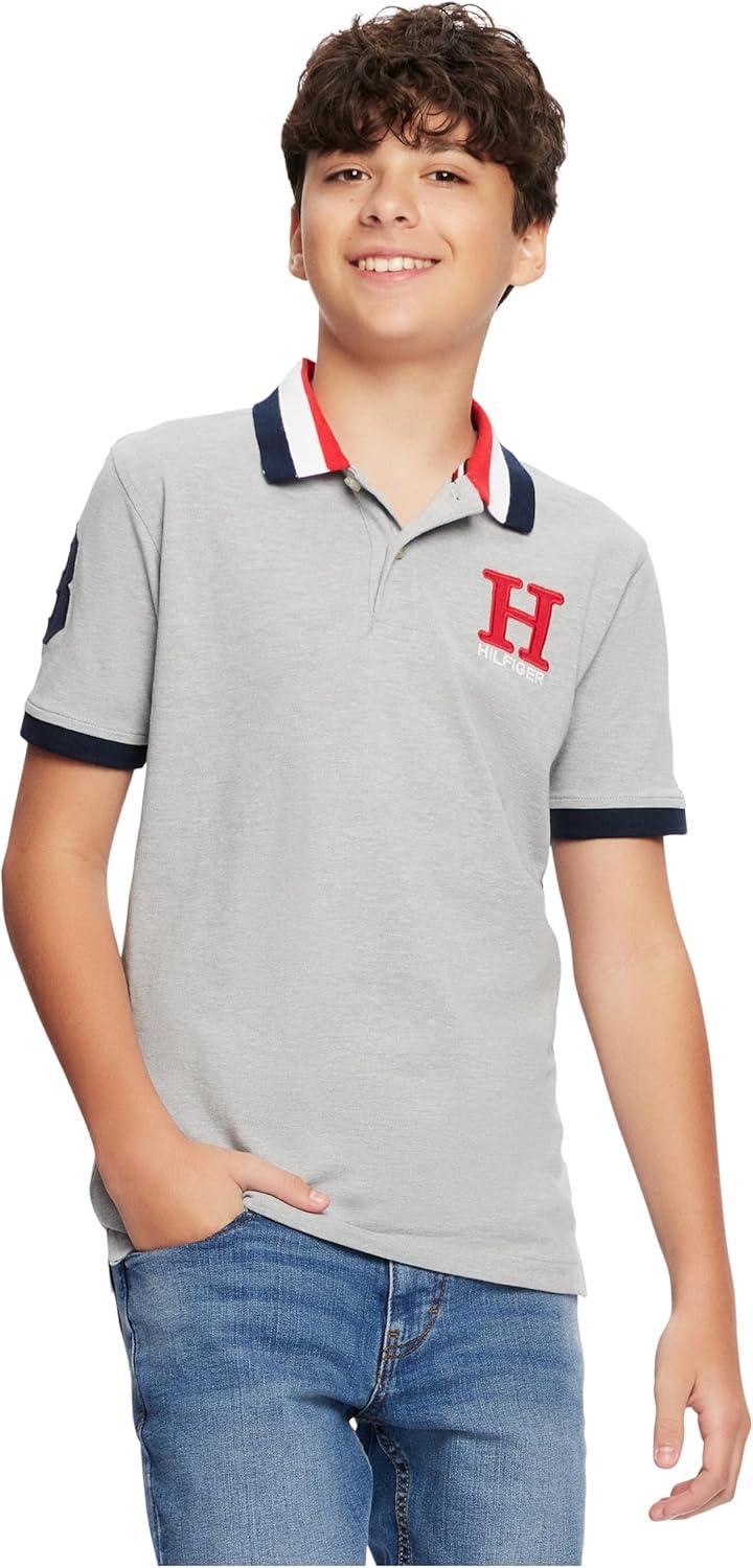 imageTommy Hilfiger Boys Short Sleeve Premium Pique Polo Shirt Button Closure Soft ampamp ComfortableMatt Tricollar Grey Heather