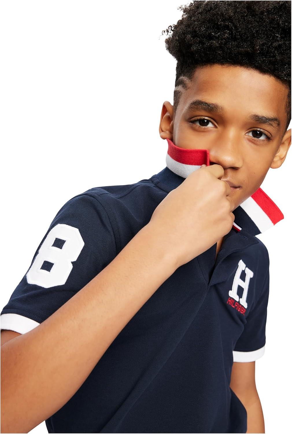 imageTommy Hilfiger Boys Short Sleeve Premium Pique Polo Shirt Button Closure Soft ampamp ComfortableMatt Tricollar Master Navy
