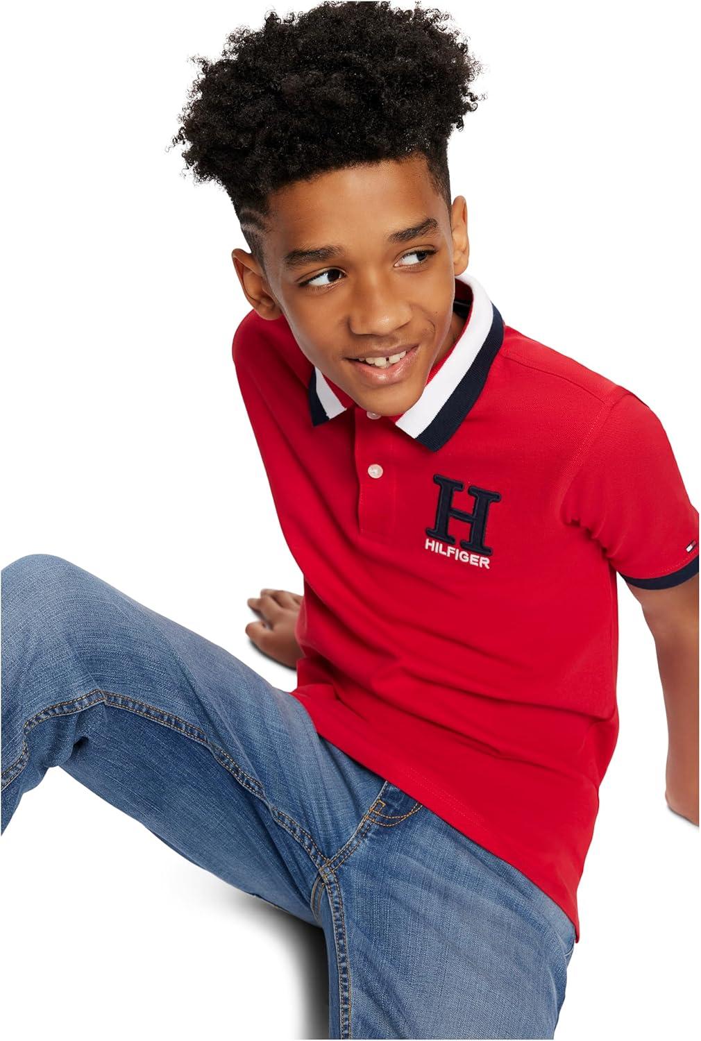imageTommy Hilfiger Boys Short Sleeve Premium Pique Polo Shirt Button Closure Soft ampamp ComfortableMatt Tricollar Regal Red