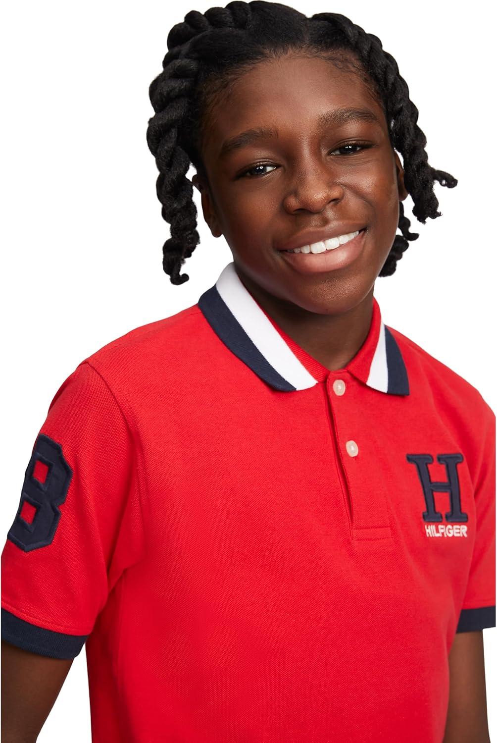 imageTommy Hilfiger Boys Short Sleeve Premium Pique Polo Shirt Button Closure Soft ampamp ComfortableMatt Tricollar Regal Red