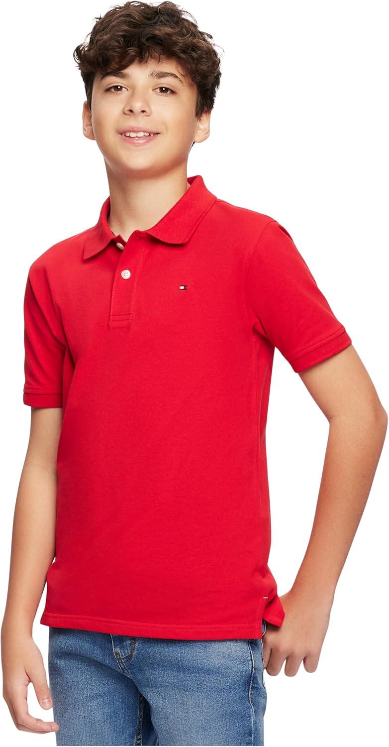 imageTommy Hilfiger Boys Short Sleeve Premium Pique Polo Shirt Button Closure Soft ampamp ComfortableRegal Red Stretch