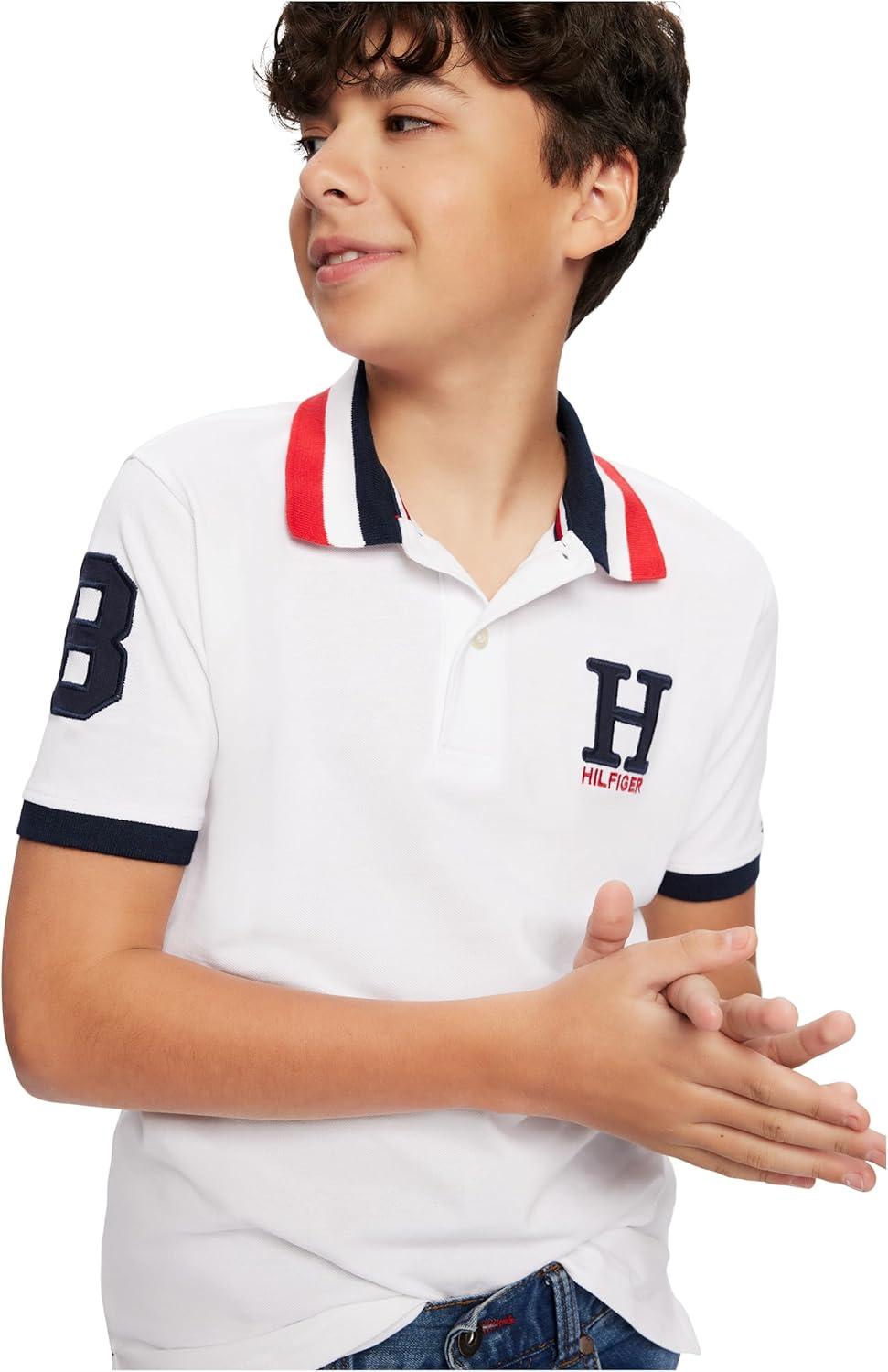 imageTommy Hilfiger Boys Short Sleeve Premium Pique Polo Shirt Button Closure Soft ampamp ComfortableWhite