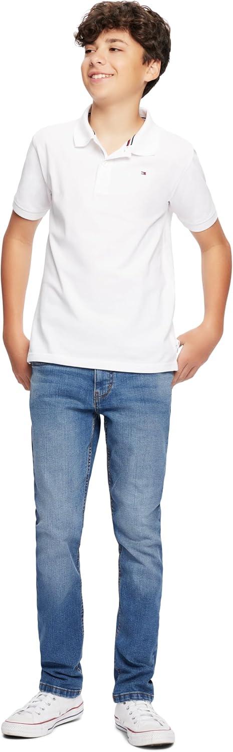 imageTommy Hilfiger Boys Short Sleeve Premium Pique Polo Shirt Button Closure Soft ampamp ComfortableWhite Stretch
