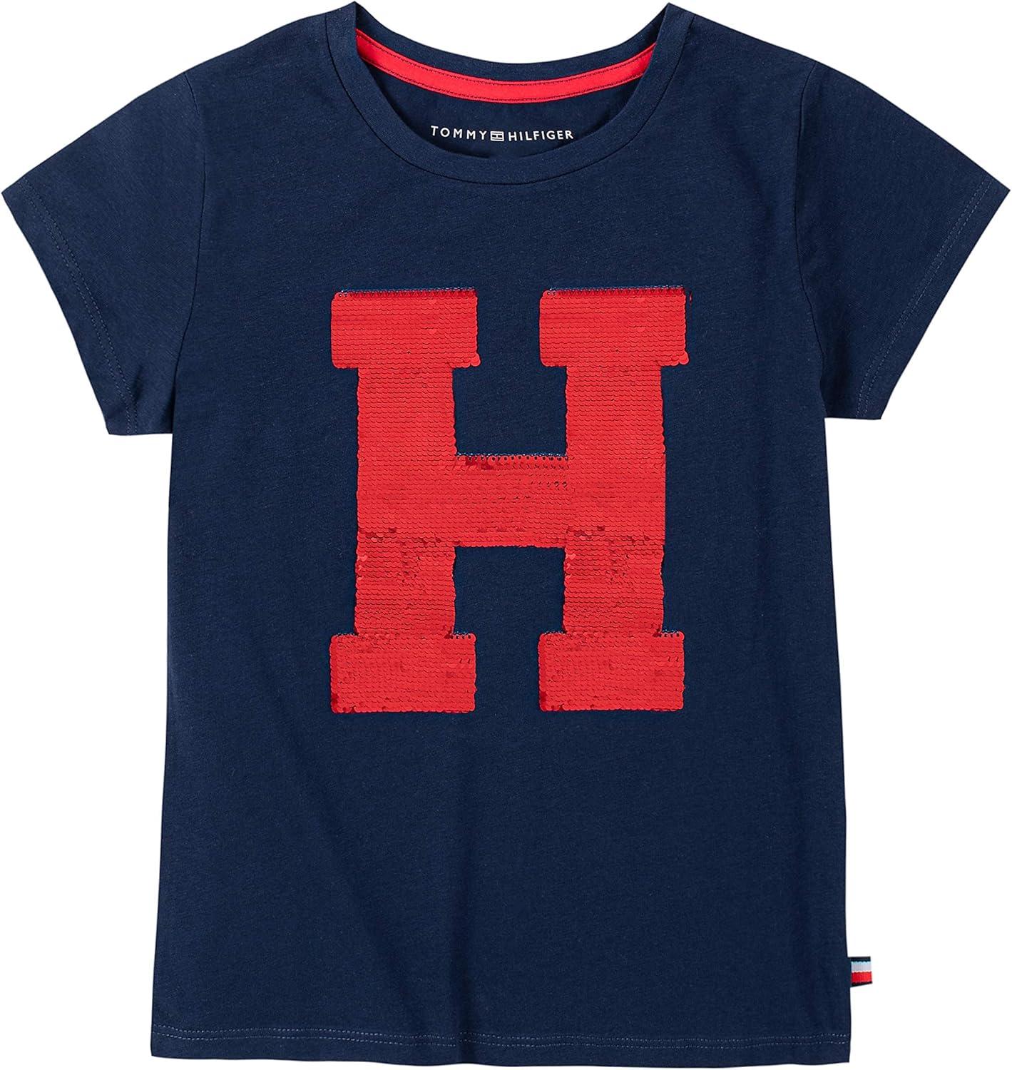imageTommy Hilfiger Girls Fem Fit Short Sleeve Everyday Kids School Uniform TeeBlue Rainbow