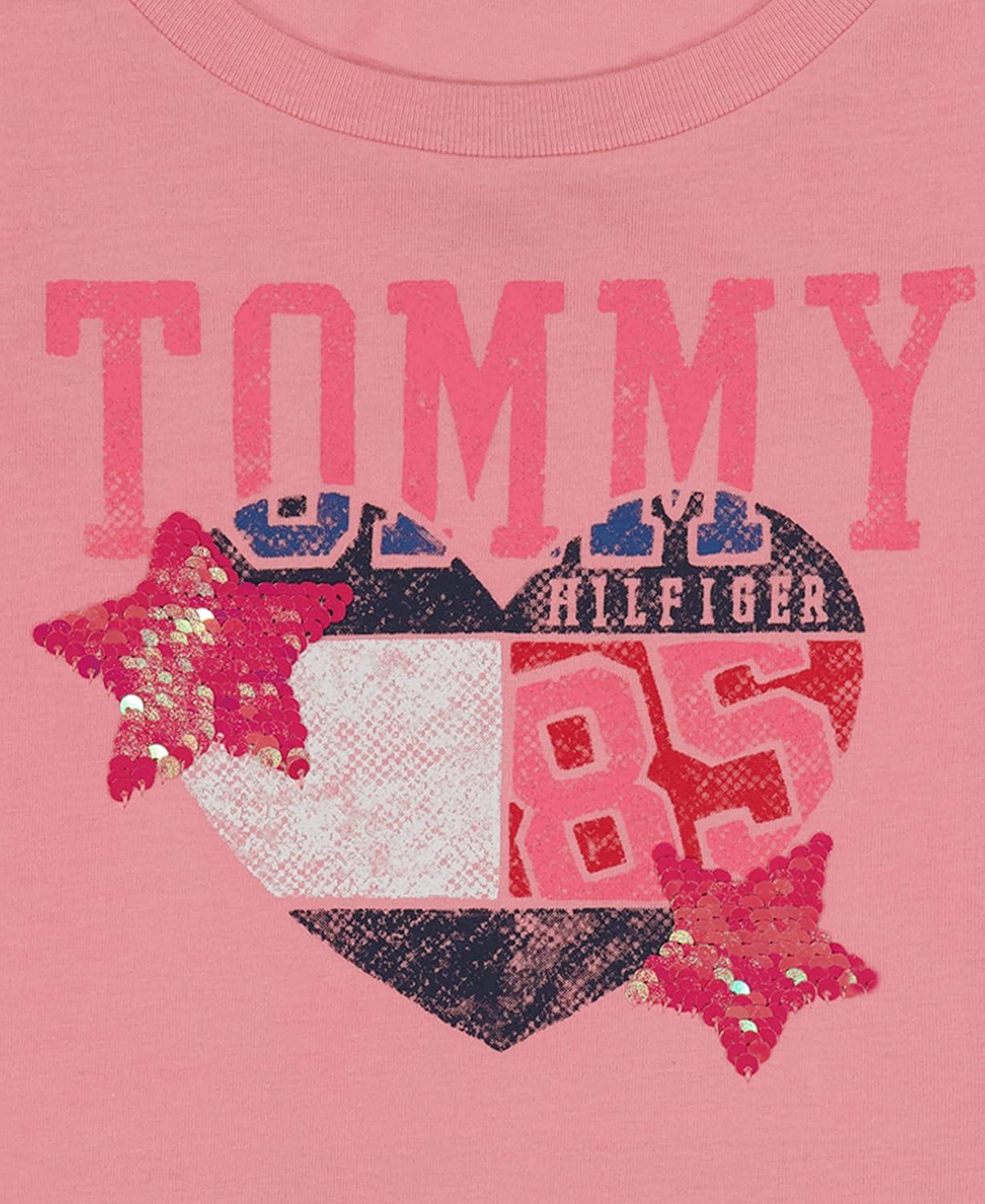 imageTommy Hilfiger Girls Fem Fit Short Sleeve Everyday Kids School Uniform TeeSea Pink Star