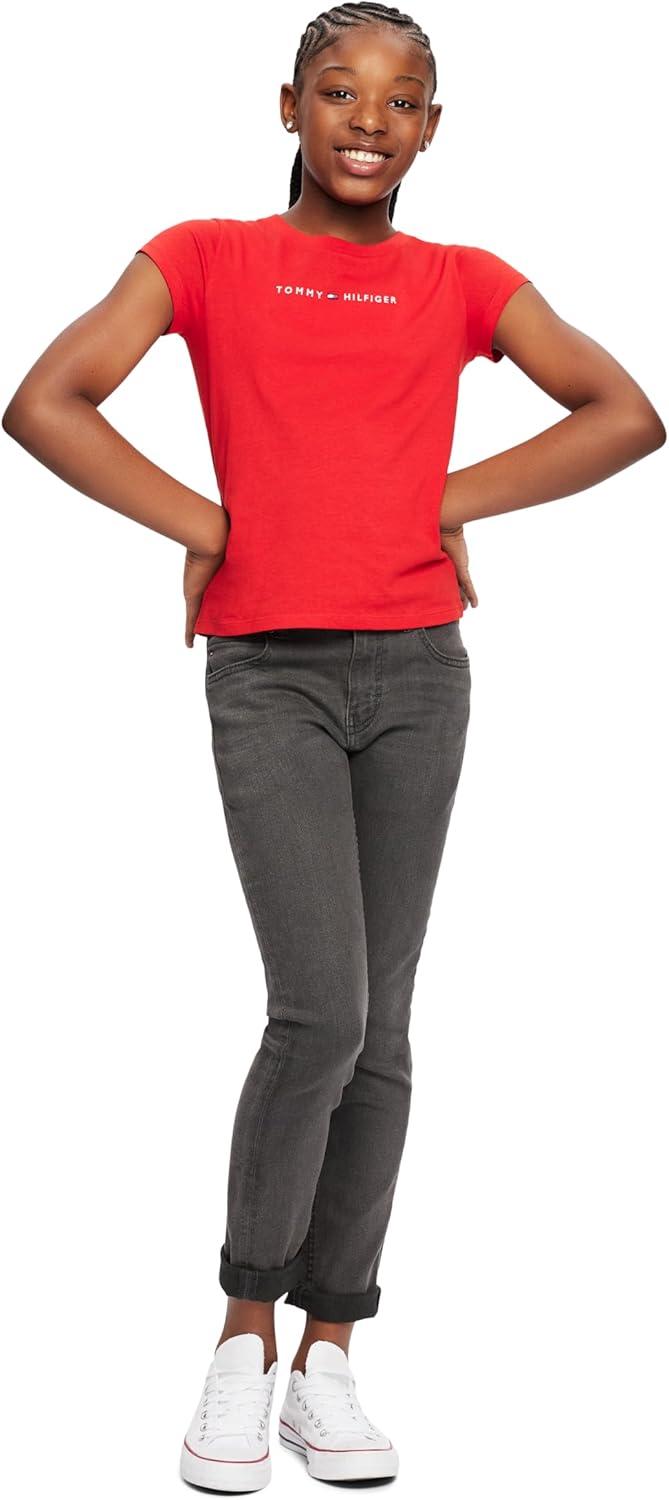 imageTommy Hilfiger Girls Short Sleeve TShirt with Flag Logo Cotton Blend Tee with Tagless InteriorTommy RedClassic Logo