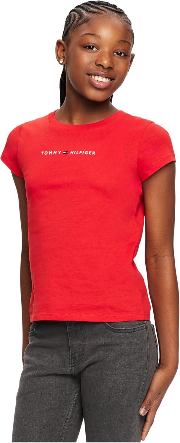imageTommy Hilfiger Girls Short Sleeve TShirt with Flag Logo Cotton Blend Tee with Tagless InteriorTommy RedClassic Logo