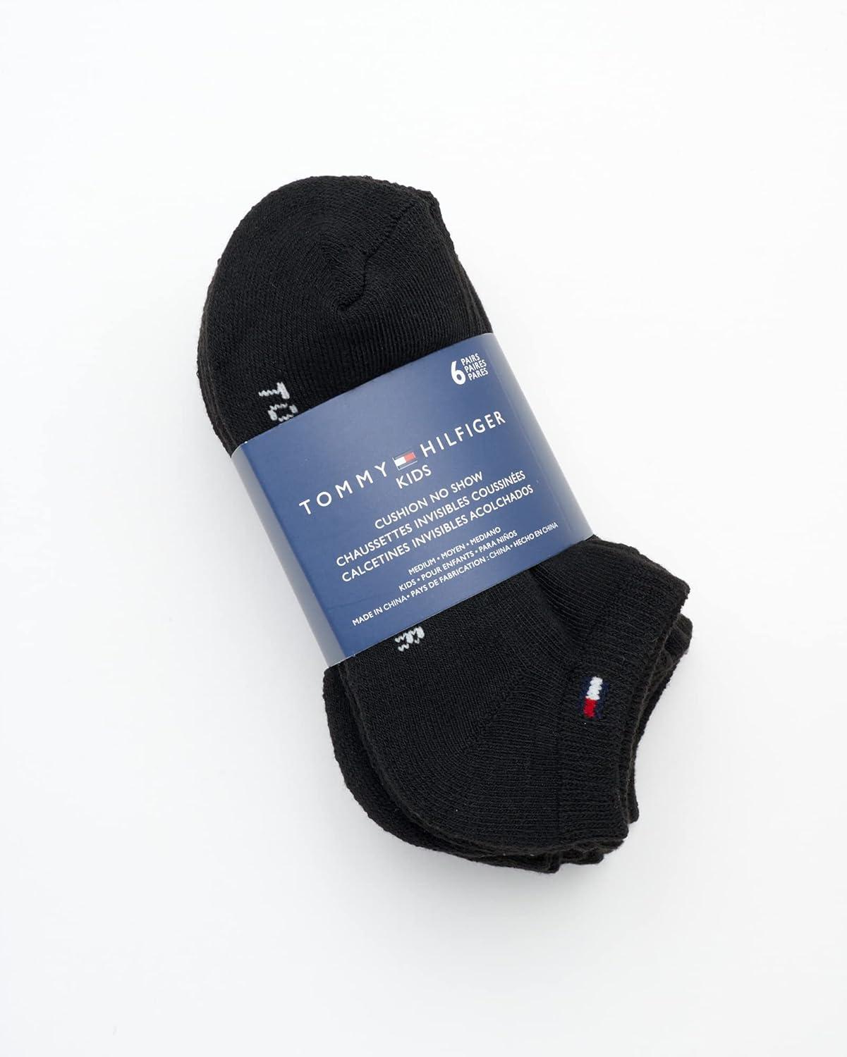 imageTommy Hilfiger Kids Athletic Socks 6 Pack Breathable No Show Low Cut Ankle Socks for Boys and Girls Sizes SLBlack Flatknit