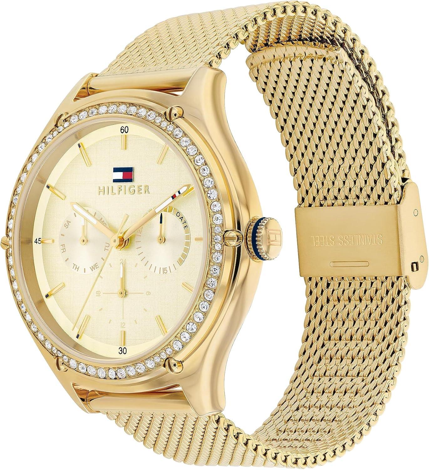 imageTommy Hilfiger Womens Quartz MultiFunction Watch with Textured Dial and Crystal Bezel Gift for HerGold Plated